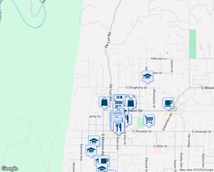 map of restaurants, bars, coffee shops, grocery stores, and more near 624 De Luz Road in Fallbrook