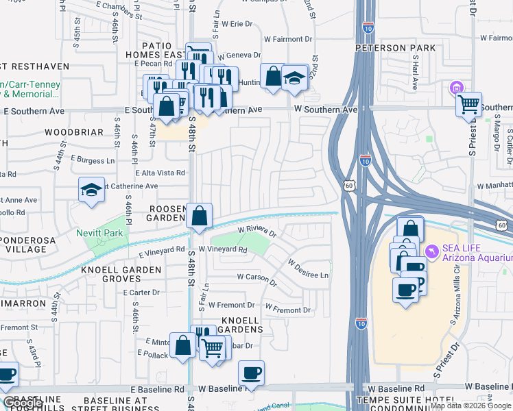 map of restaurants, bars, coffee shops, grocery stores, and more near 2404 West Riviera Drive in Tempe