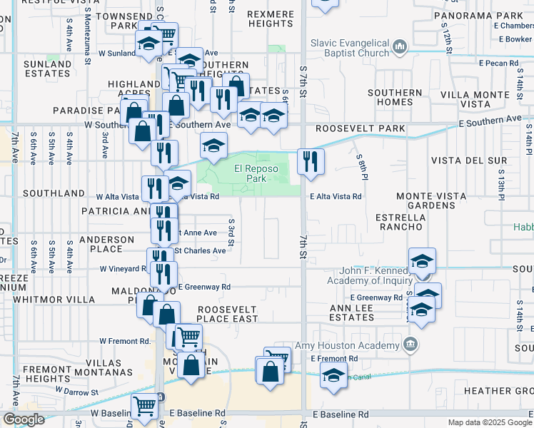 map of restaurants, bars, coffee shops, grocery stores, and more near 504 East Lydia Lane in Phoenix