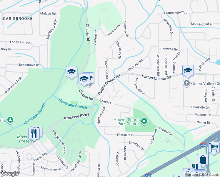 map of restaurants, bars, coffee shops, grocery stores, and more near 1902 Patton Creek Lane in Hoover