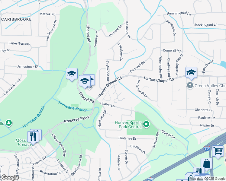 map of restaurants, bars, coffee shops, grocery stores, and more near 207 Patton Chapel Way in Hoover