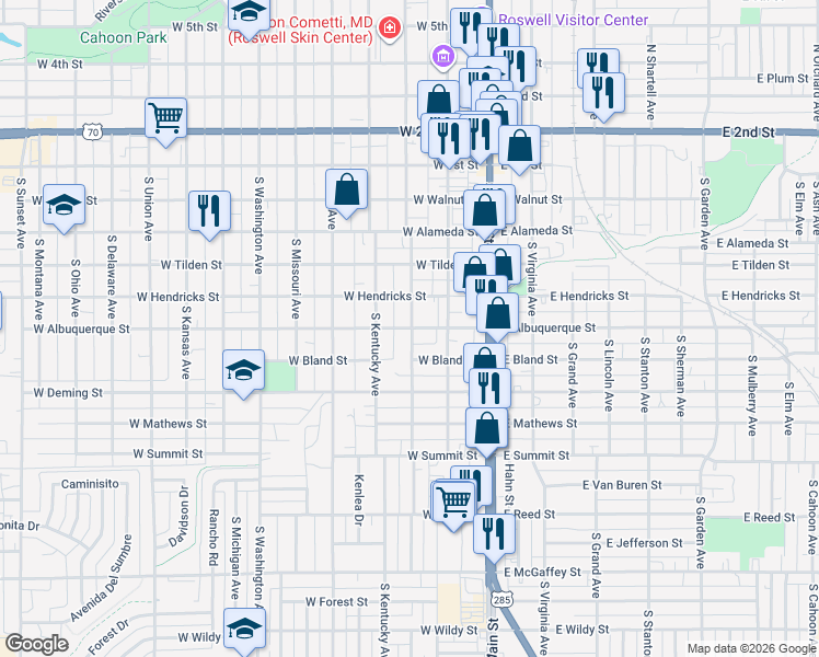 map of restaurants, bars, coffee shops, grocery stores, and more near 304 West Albuquerque Street in Roswell