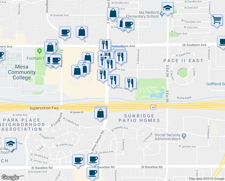 map of restaurants, bars, coffee shops, grocery stores, and more near 1403 S Alma School Rd in Mesa