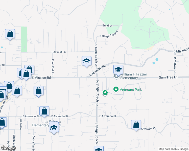 map of restaurants, bars, coffee shops, grocery stores, and more near 1425 South Mission Road in Fallbrook