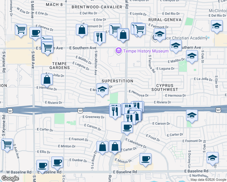 map of restaurants, bars, coffee shops, grocery stores, and more near 712 East Manhatton Drive in Tempe