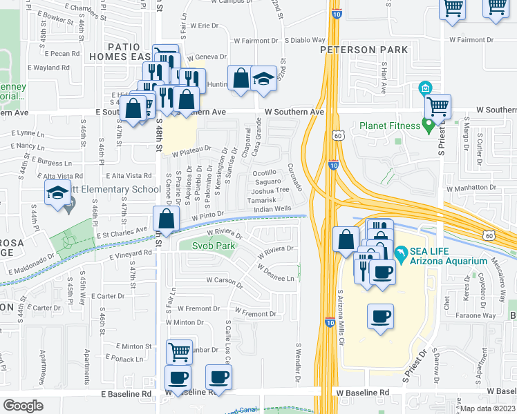 map of restaurants, bars, coffee shops, grocery stores, and more near Joshua Tree in Tempe