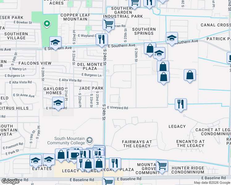 map of restaurants, bars, coffee shops, grocery stores, and more near 2422 East Alta Vista Road in Phoenix
