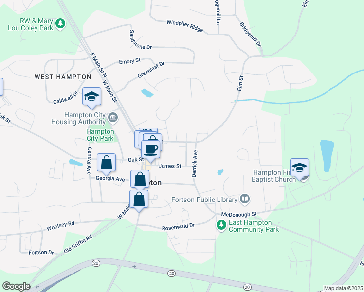 map of restaurants, bars, coffee shops, grocery stores, and more near 27 Elm Street in Hampton