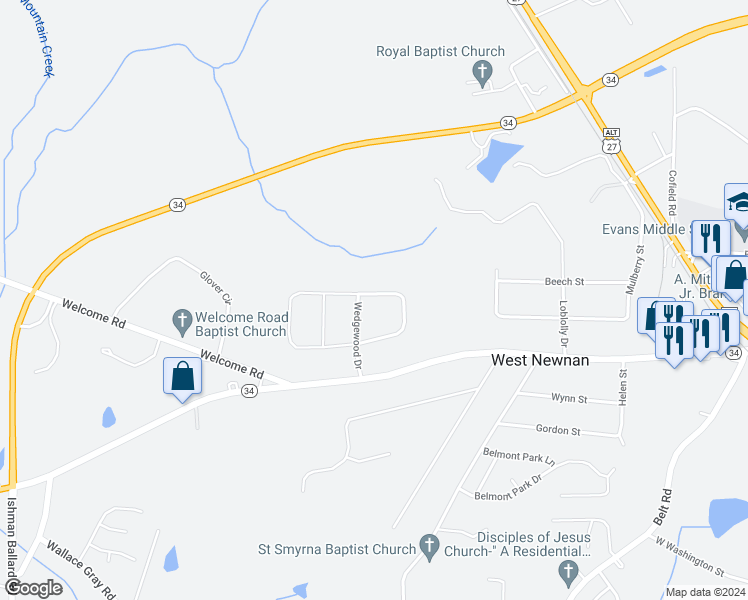 map of restaurants, bars, coffee shops, grocery stores, and more near 166 East Wedgewood Circle in Newnan