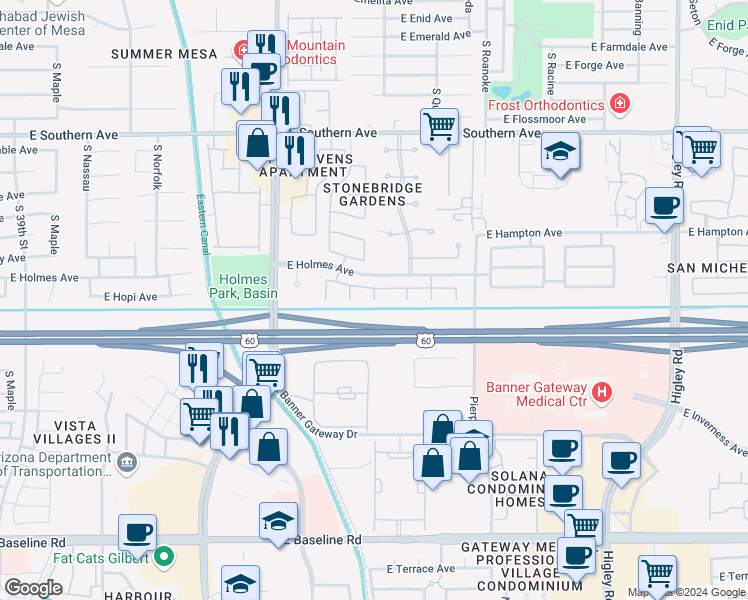 map of restaurants, bars, coffee shops, grocery stores, and more near South Quinn Circle in Mesa