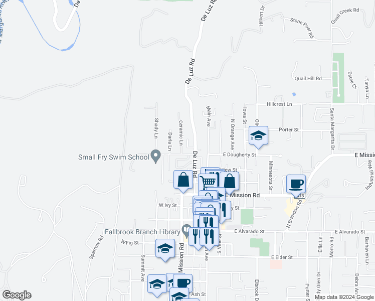 map of restaurants, bars, coffee shops, grocery stores, and more near 218 Royal Glen Drive in Fallbrook