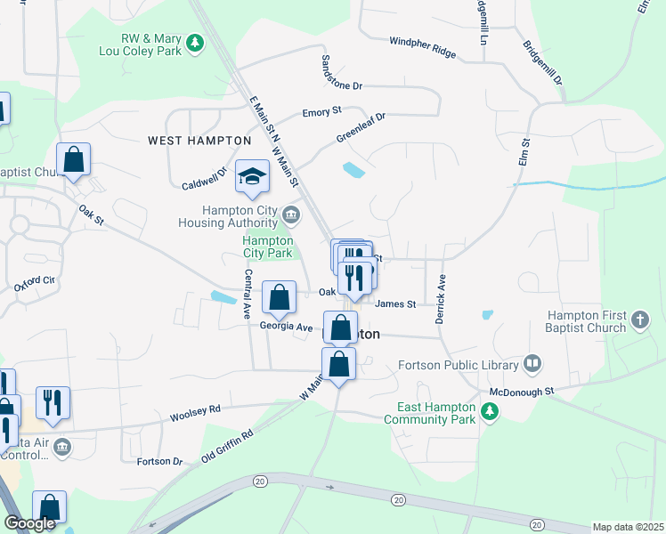 map of restaurants, bars, coffee shops, grocery stores, and more near 50 East Main Street South in Hampton
