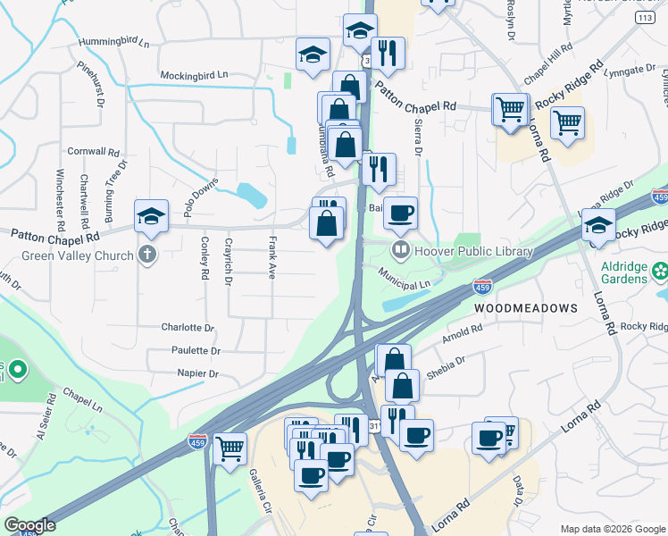 map of restaurants, bars, coffee shops, grocery stores, and more near 1694 Montgomery Highway in Hoover