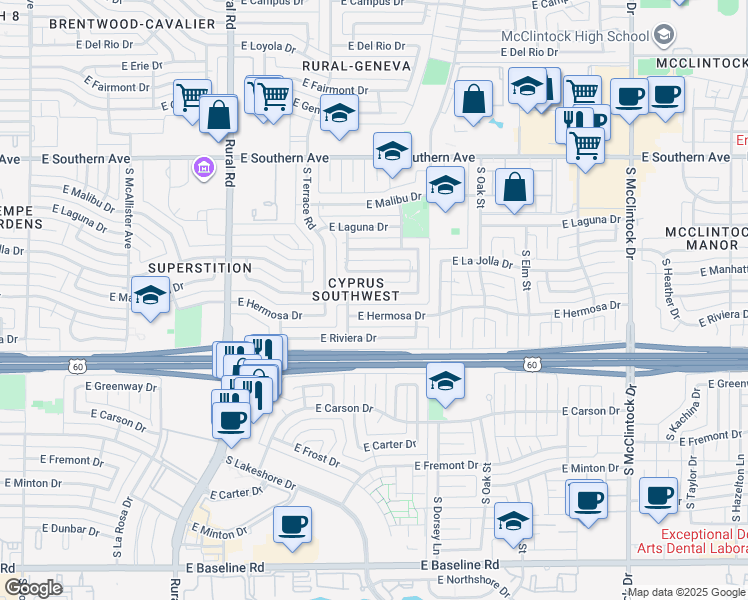 map of restaurants, bars, coffee shops, grocery stores, and more near 1249 East La Jolla Drive in Tempe
