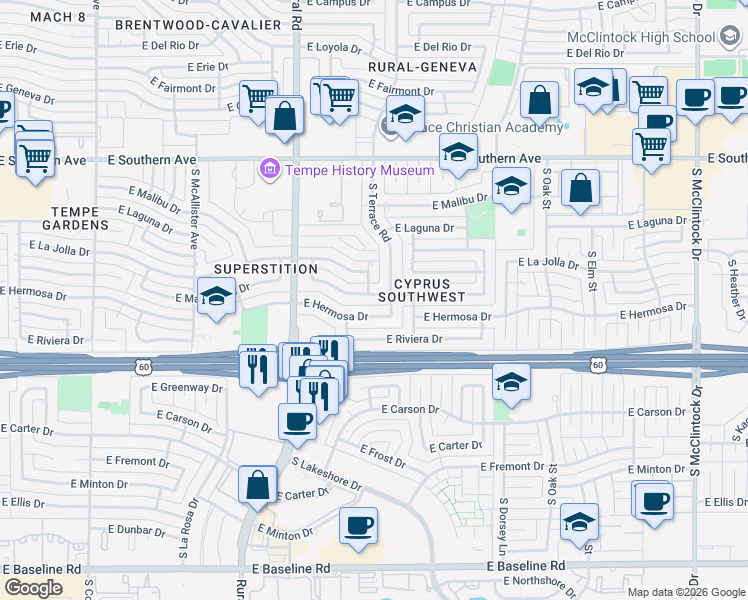 map of restaurants, bars, coffee shops, grocery stores, and more near 3710 South Terrace Road in Tempe
