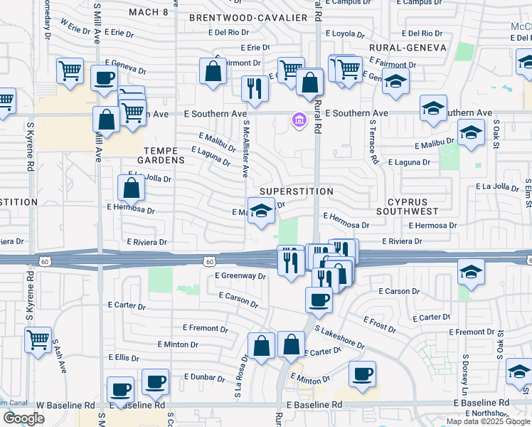 map of restaurants, bars, coffee shops, grocery stores, and more near 625 East Manhatton Drive in Tempe
