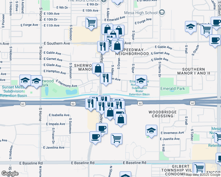 map of restaurants, bars, coffee shops, grocery stores, and more near 1455 South Stapley Drive in Mesa