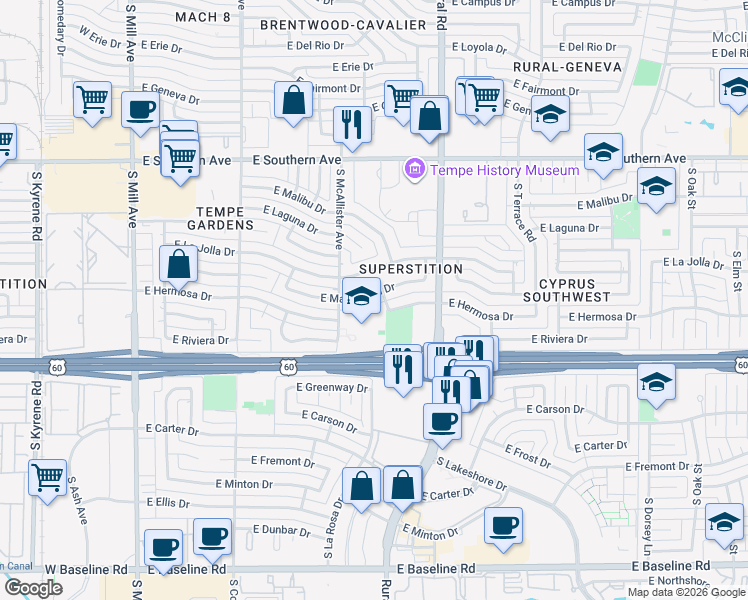 map of restaurants, bars, coffee shops, grocery stores, and more near 712 East Manhatton Drive in Tempe