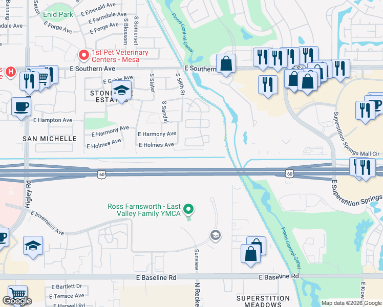 map of restaurants, bars, coffee shops, grocery stores, and more near 5840 East Holmes Avenue in Mesa