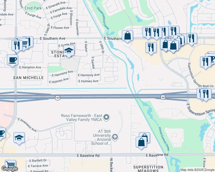 map of restaurants, bars, coffee shops, grocery stores, and more near 5840 East Holmes Avenue in Mesa