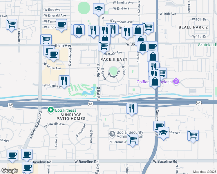 map of restaurants, bars, coffee shops, grocery stores, and more near 1436 South Revere in Mesa