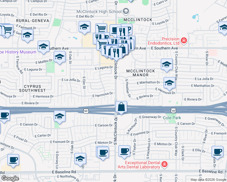 map of restaurants, bars, coffee shops, grocery stores, and more near 1801 East Manhatton Drive in Tempe
