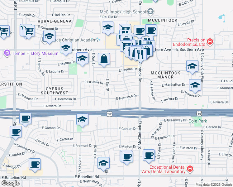 map of restaurants, bars, coffee shops, grocery stores, and more near 1638 East Manhatton Drive in Tempe