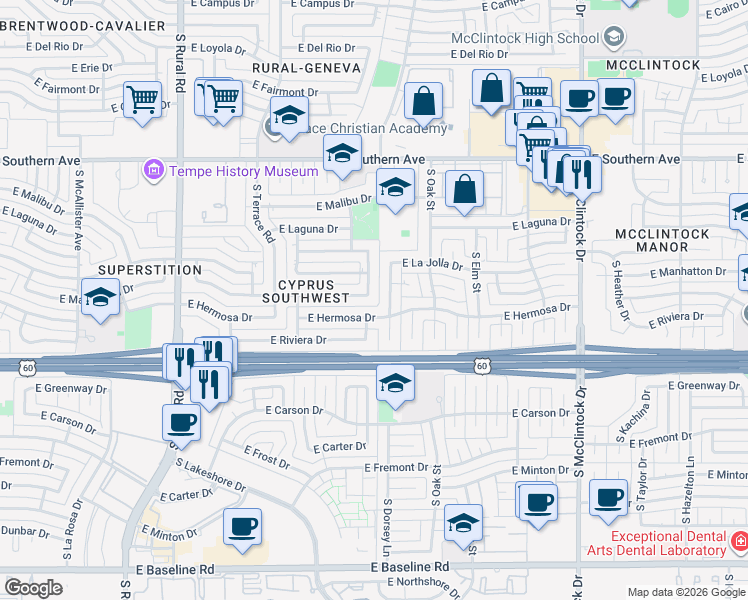 map of restaurants, bars, coffee shops, grocery stores, and more near 3711 South Kenneth Place in Tempe
