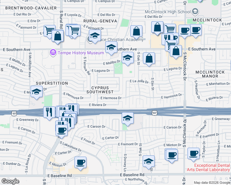 map of restaurants, bars, coffee shops, grocery stores, and more near 1249 East La Jolla Drive in Tempe