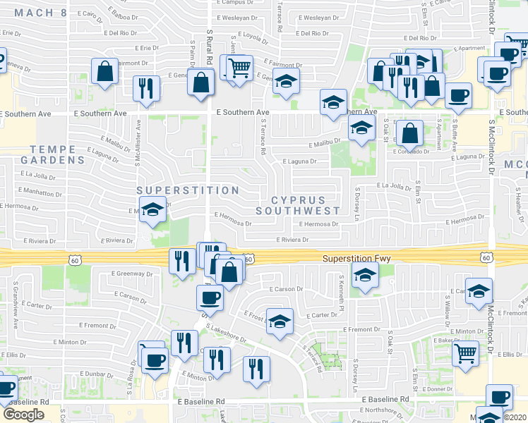 map of restaurants, bars, coffee shops, grocery stores, and more near 3710 South Terrace Road in Tempe