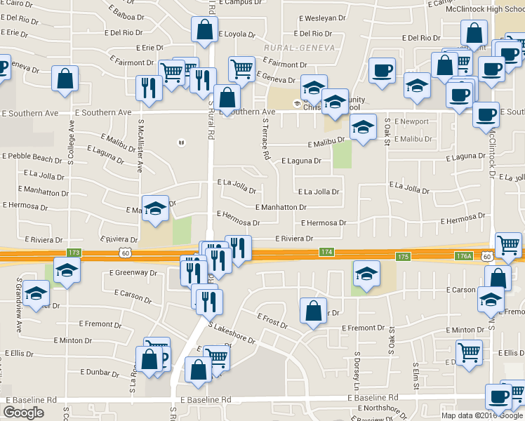 map of restaurants, bars, coffee shops, grocery stores, and more near 3710 South Terrace Road in Tempe