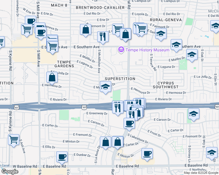 map of restaurants, bars, coffee shops, grocery stores, and more near 712 East Manhatton Drive in Tempe