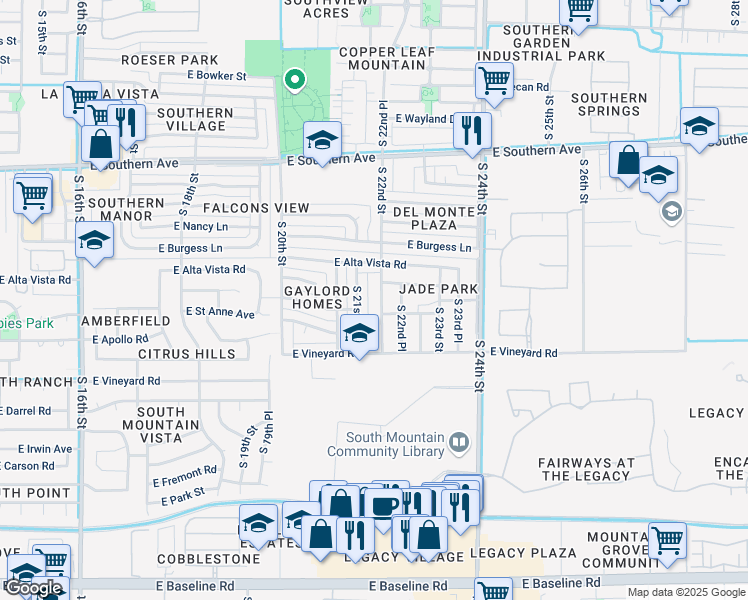 map of restaurants, bars, coffee shops, grocery stores, and more near 6424 South 22nd Street in Phoenix