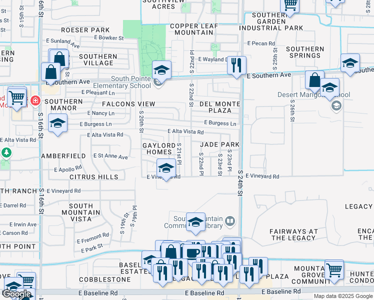 map of restaurants, bars, coffee shops, grocery stores, and more near 6424 South 22nd Street in Phoenix