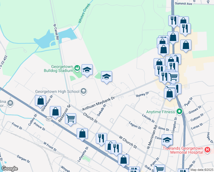map of restaurants, bars, coffee shops, grocery stores, and more near 2400 Anthuan Maybank Drive in Georgetown