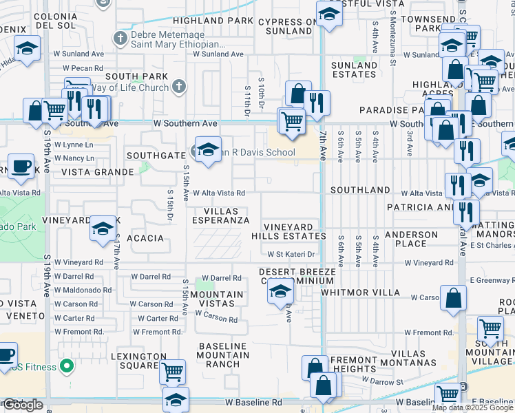 map of restaurants, bars, coffee shops, grocery stores, and more near 6430 South 10th Drive in Phoenix