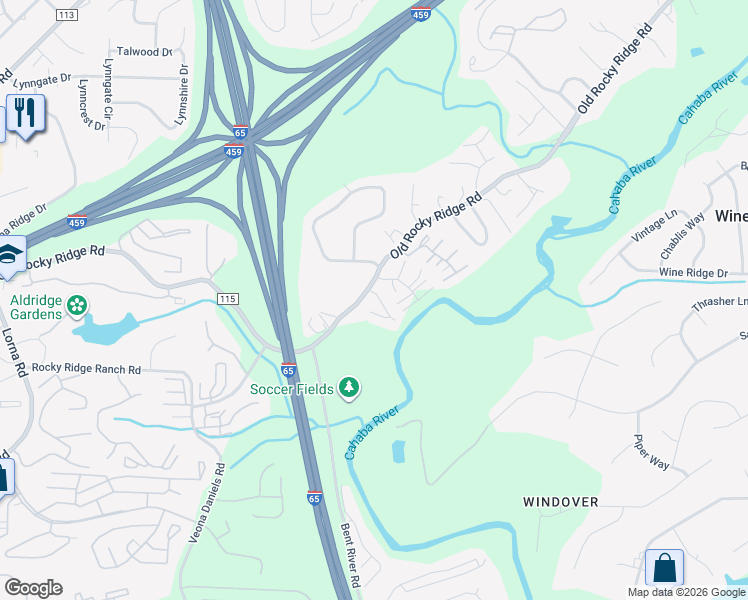 map of restaurants, bars, coffee shops, grocery stores, and more near 1215 Riverford Drive in Birmingham