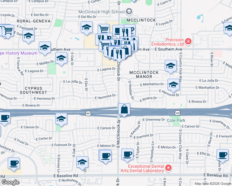 map of restaurants, bars, coffee shops, grocery stores, and more near 1801 East Manhatton Drive in Tempe