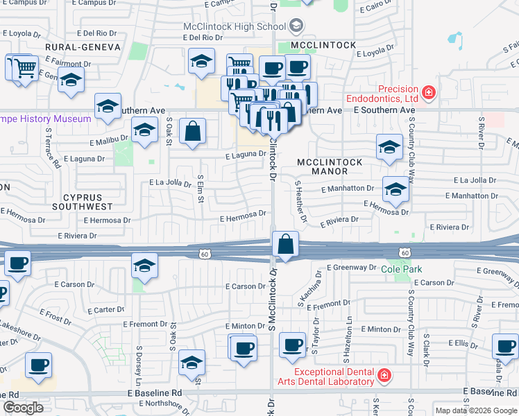 map of restaurants, bars, coffee shops, grocery stores, and more near 1712 East Manhatton Drive in Tempe