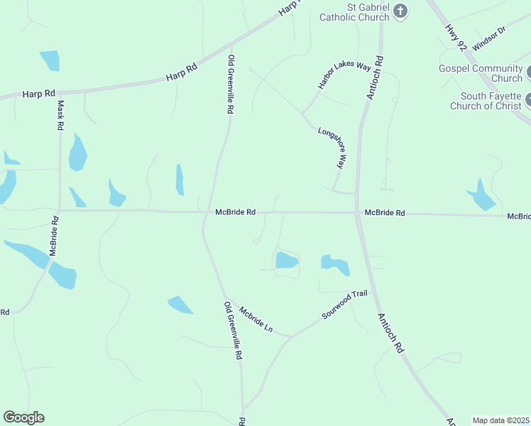 map of restaurants, bars, coffee shops, grocery stores, and more near McBride Road in Fayette County