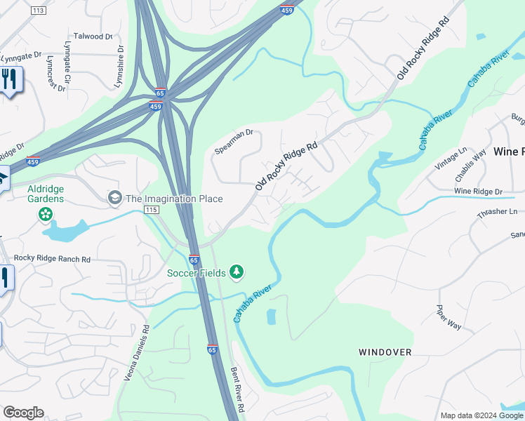 map of restaurants, bars, coffee shops, grocery stores, and more near 1220 Riverford Drive in Birmingham
