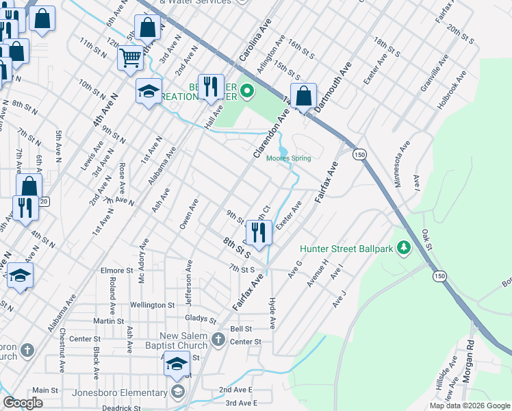 map of restaurants, bars, coffee shops, grocery stores, and more near 426 10th Street South in Bessemer
