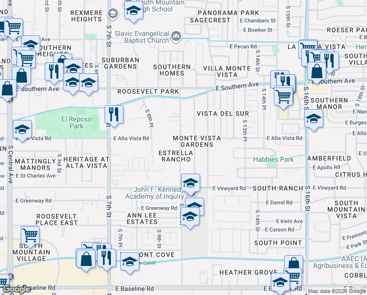 map of restaurants, bars, coffee shops, grocery stores, and more near 6404 South 11th Street in Phoenix