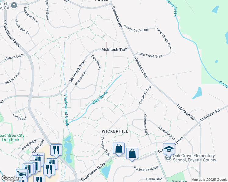 map of restaurants, bars, coffee shops, grocery stores, and more near 108 Bowmoor Bank in Peachtree City