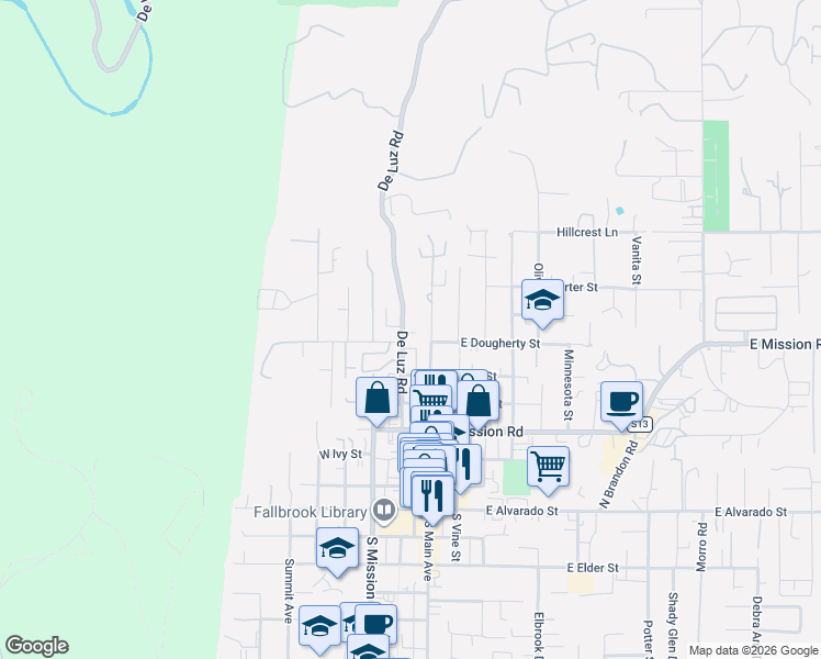 map of restaurants, bars, coffee shops, grocery stores, and more near 751 De Luz Road in Fallbrook