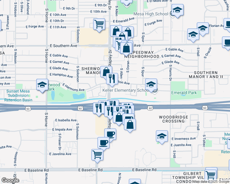 map of restaurants, bars, coffee shops, grocery stores, and more near 1455 South Stapley Drive in Mesa