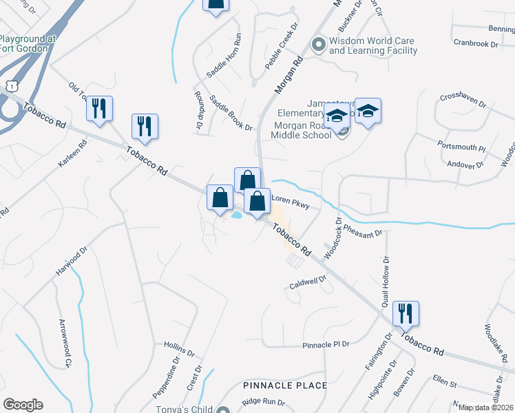 map of restaurants, bars, coffee shops, grocery stores, and more near 3629 Morgan Road in Hephzibah