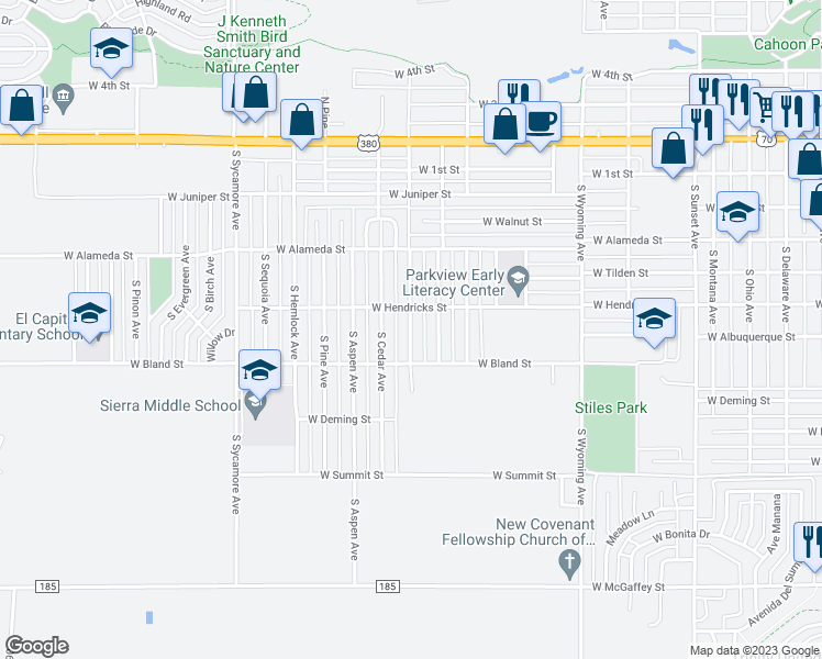 map of restaurants, bars, coffee shops, grocery stores, and more near 507 South Spruce Avenue in Roswell