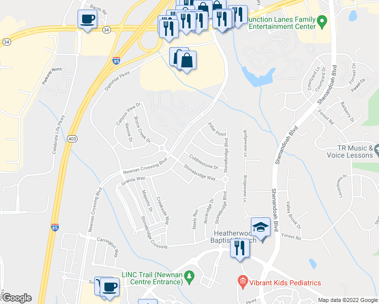map of restaurants, bars, coffee shops, grocery stores, and more near 46 Cobblestone Drive in Newnan