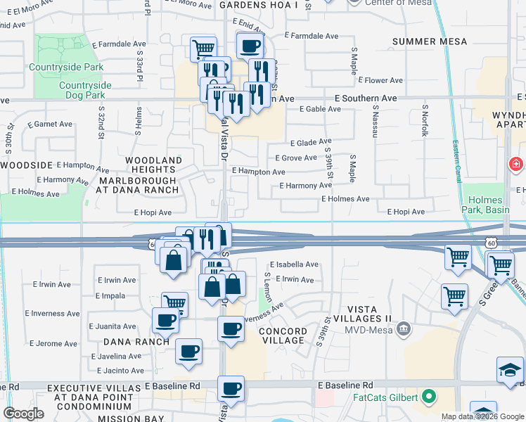 map of restaurants, bars, coffee shops, grocery stores, and more near 3701 East Holmes Avenue in Mesa
